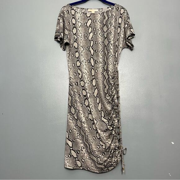 Michael Kors Snakeskin Jersey Bodycon Ruched Lace Up Mini Dress Gray Women’s S - Picture 1 of 10